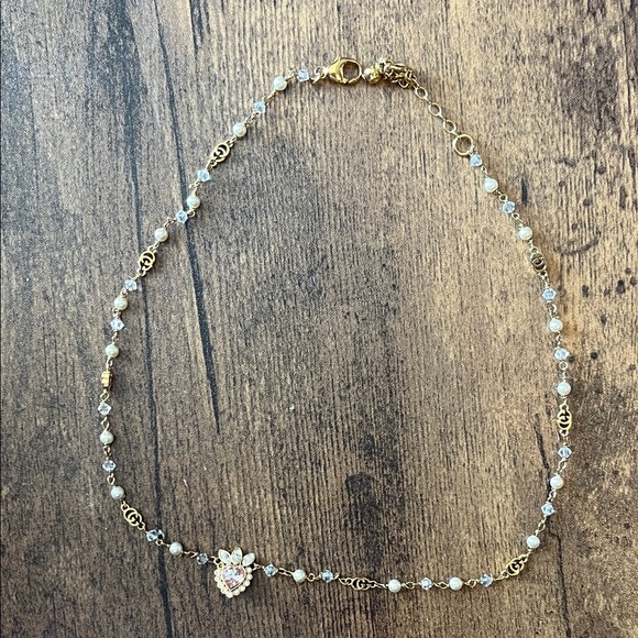 Authentic GUCCI Metal Crystal Pearl Heart Necklace Gold - Picture 1 of 5